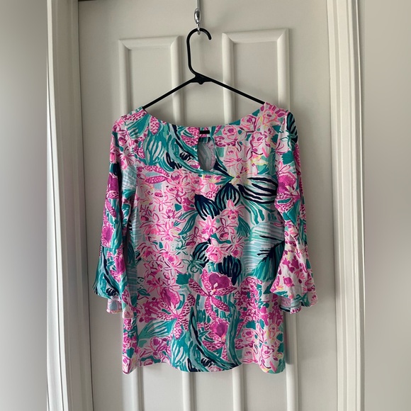 Lilly Pulitzer Tropical Aqua Pink Bell Sleeve Long Sleeve Shirt - Picture 3 of 4
